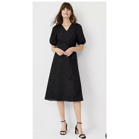 Ann Taylor Dresses & Skirts - NEW Ann Taylor Floral Clip Wrap Midi Dress Black Puff Sleeve 6 Classy Formal